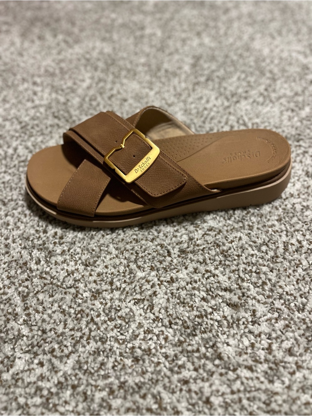 Dr. Scholl's Tan Cross-Strap Slide Sandal with Gold Buckle size 10M